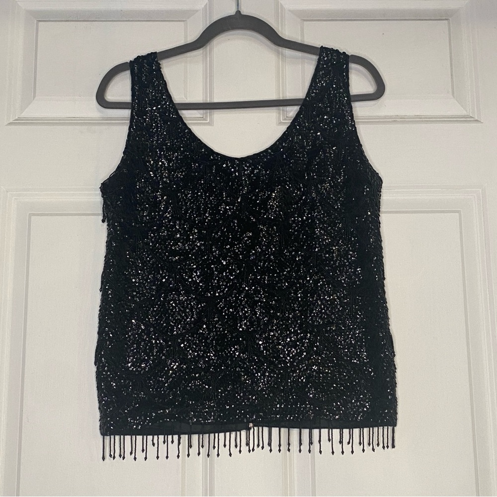 Vintage Black Beaded Round Neck Full Zip Tank Top Wool Made in Hong Kong Large